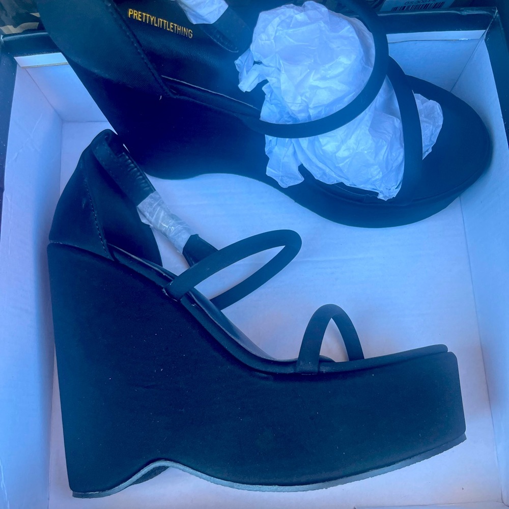 Black Lycra Triple Strap High Heeled Wedges